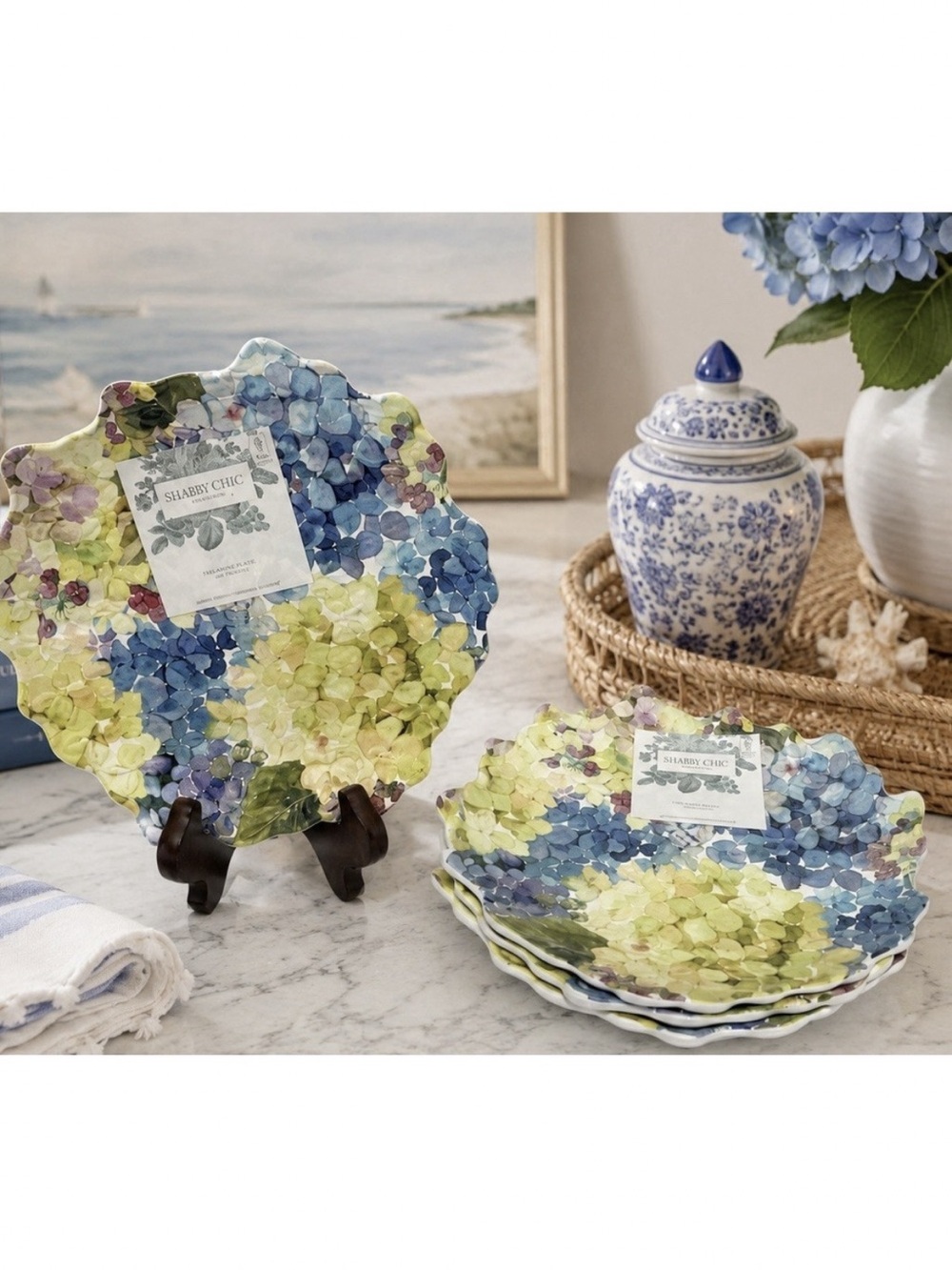 Set of 4 Shabby Chic Hydrangea Melamine 8" Salad / Appetizer Plates NEW